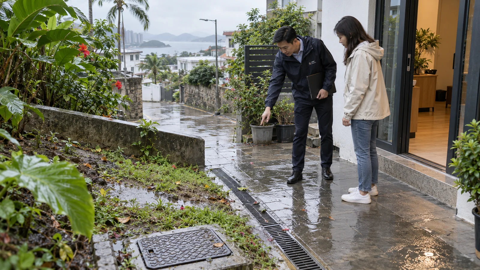 村屋地下連花園值得買嗎?私隱、潮濕、去水、保安及睇樓清單 3 村屋地下連花園雨後睇樓及去水檢查示意圖