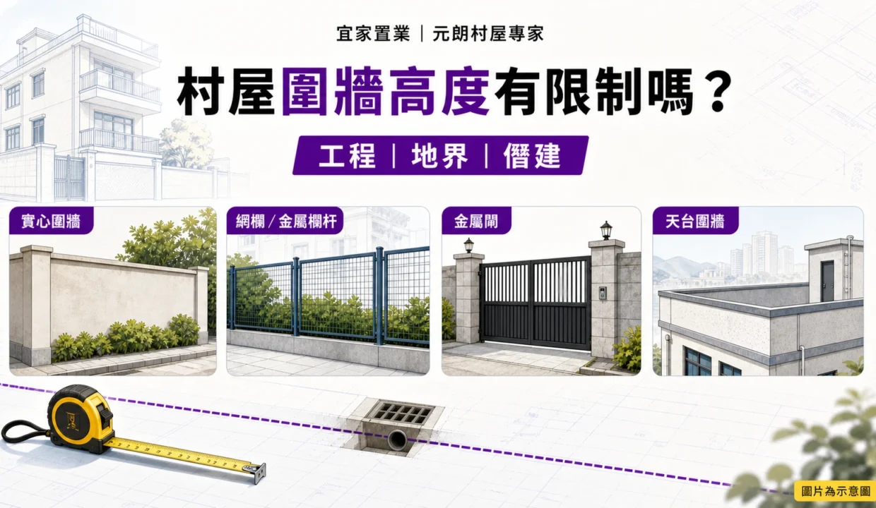 村屋圍牆高度工程地界及僭建查核示意圖